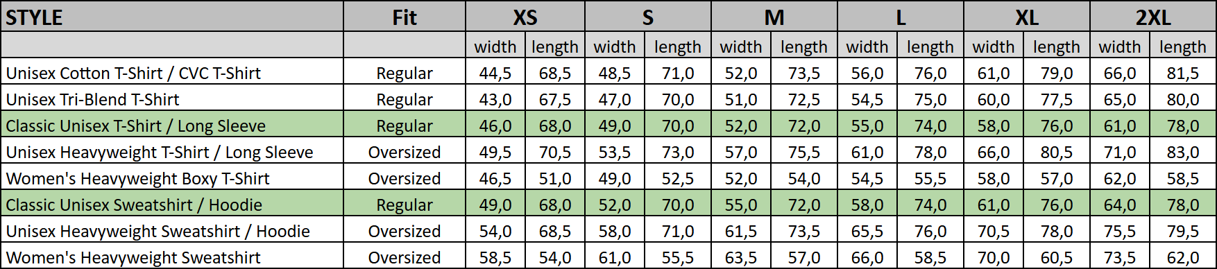 TEXIM ONE Size Guide